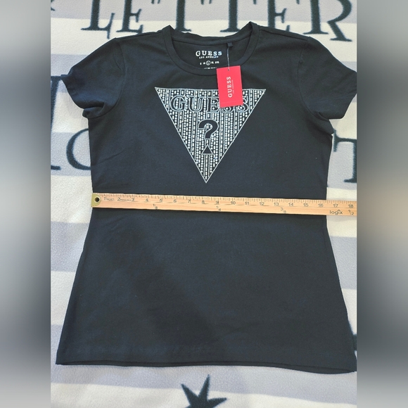 GUESS T-Shirt Women's Black Rhinestone Bling Triangle Logo Large NEW - Picture 9 of 13